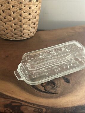 vintage Hazel Atlas Clear Rectangular glass embossed  butter dish with Lid